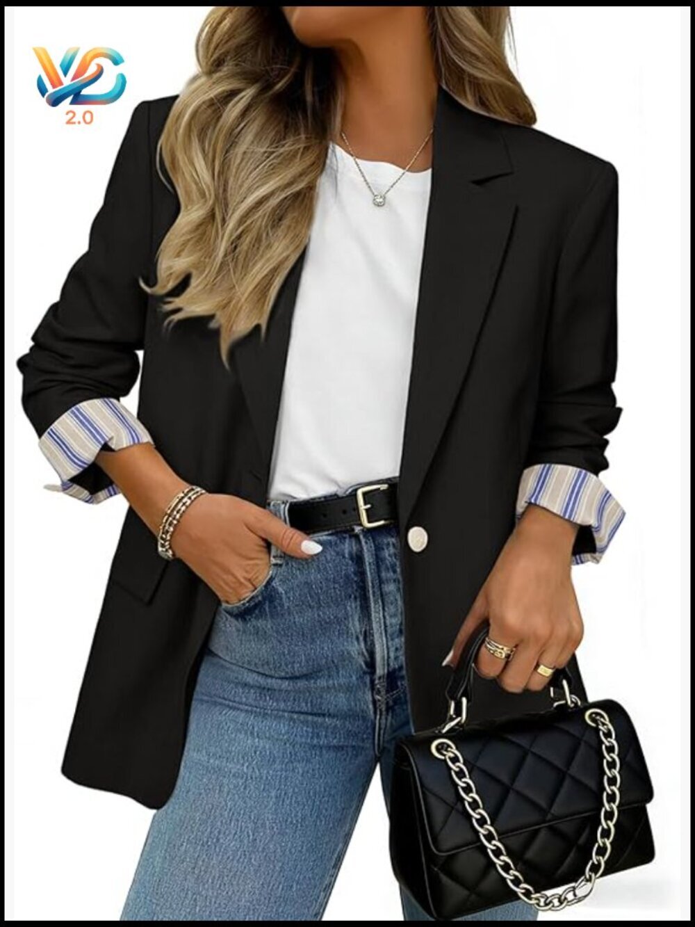 Lightweight Blazer with Striped Cuffs, Regular Fit, Long Sleeve Work Jacket
